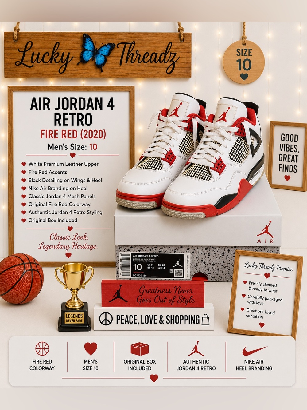 Jordan Air Jordan 4 Retro Fire Red White/Red/Black Sneakers - Size 10